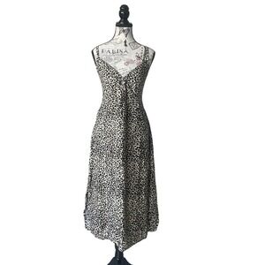 Island Planet Midi Dress Womens Sz Small Leopard Print O-Ring Smocked Back Brown